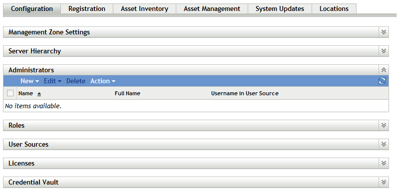 Administrators panel on Configuration tab in ZENworks Control Center
