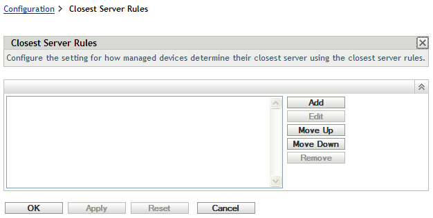 Closest Server Rules panel
