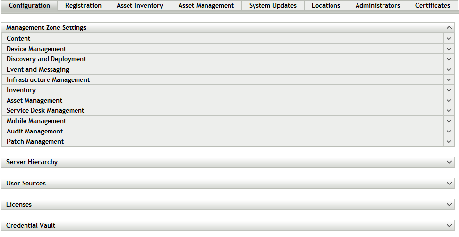 Administrators panel on Configuration tab in ZENworks Control Center
