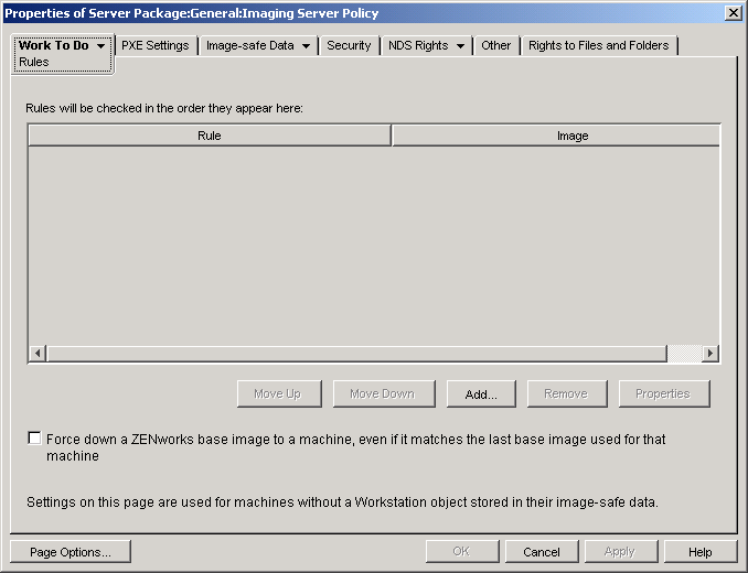 The properties of the Imaging Server policy's Rules page.