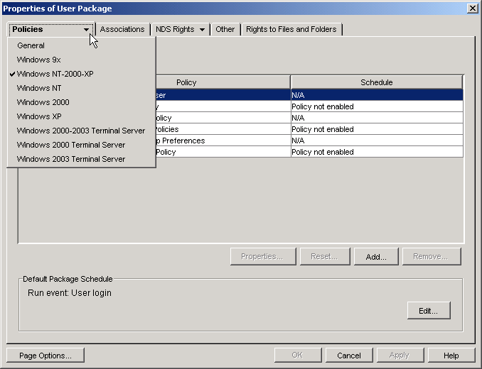 The User Package properties page showing the available platforms.