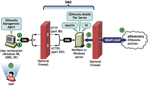 Diagram showing the process occurring when a user authenticates to eDirectory using the Desktop Management Agent behind the firewall