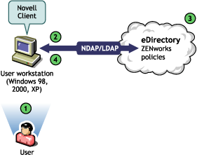 Diagram showing the process of authentication to eDirectory using the 32-bit client.