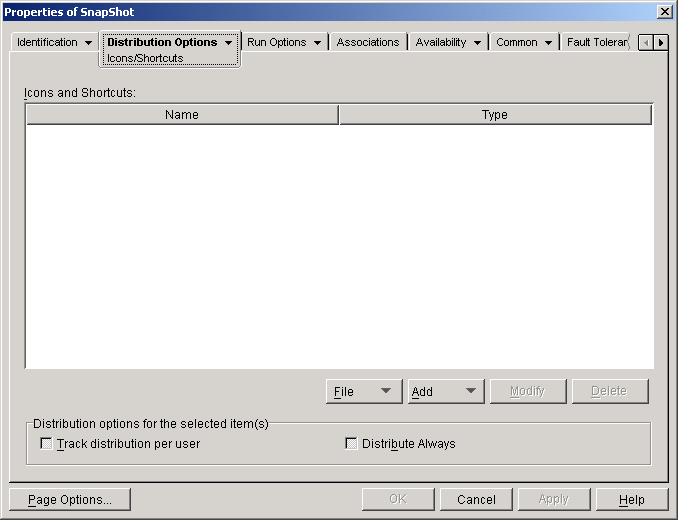Application object > Distribution Options tab > Icons/Shortcuts page