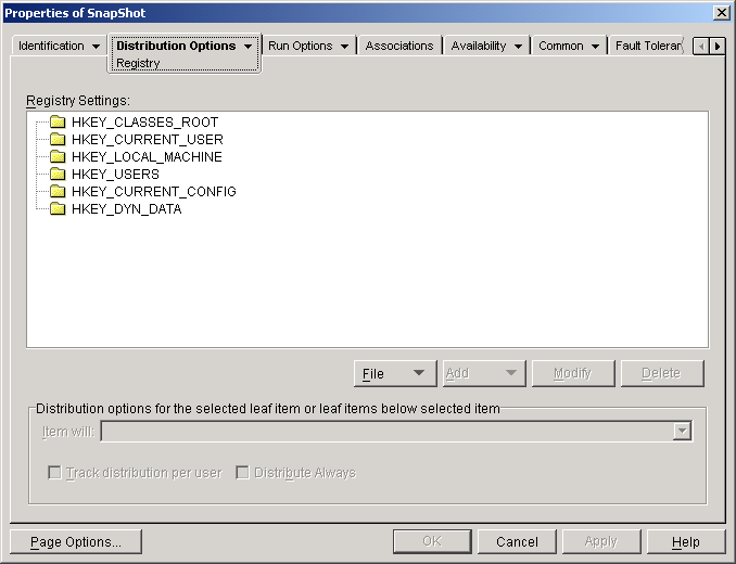 Application object > Distribution Options tab > Registry page