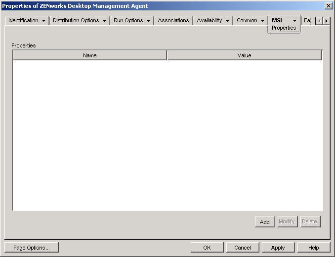 Application object > MSI tab > Properties page