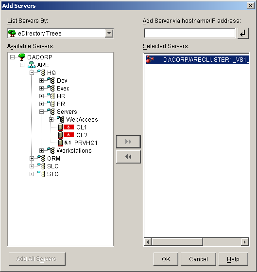 The Add Servers dialog box showing the cluster object added to the Selected Servers list.
