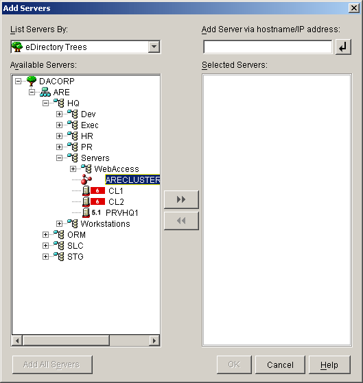 The Add Servers dialog box with the cluster object visible in the tree structure.