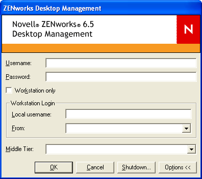 The ZENworks Middle Tier Server Authentication dialog box used to authenticate the ZENworks Desktop Management Agent to the ZENworks Middle Tier Server. This dialog box is also referred to as the Agent login.