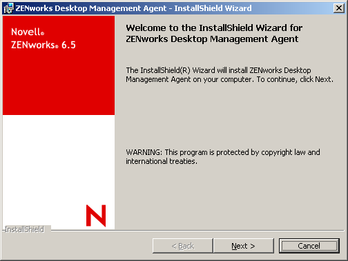 The ZENworks Desktop Management Agent Installation Wizard introduction page.