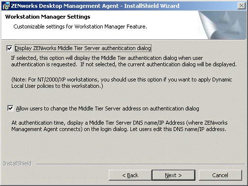 The Workstation Manager Settings page of the Desktop Management Agent installation wizard.