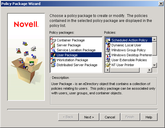 Policy Package Selection page in the Policy Package Wizard