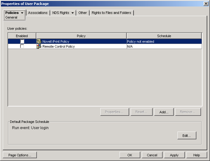 General Policies page on a User Package object