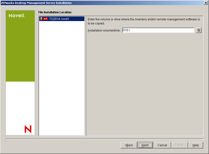 The File Installation Location page of the ZENworks Desktop Management Server Installation Wizard.