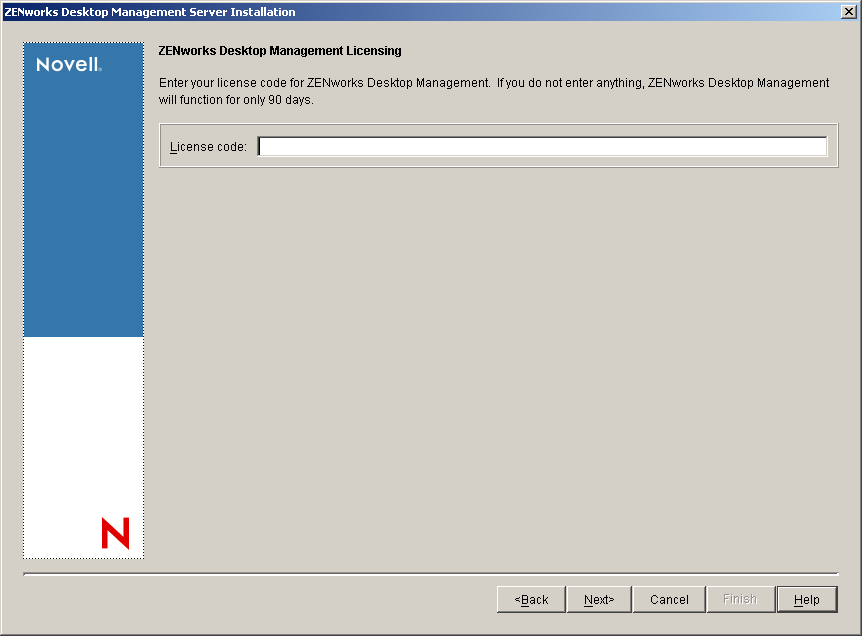 The ZENworks Desktop Management Licensing page of the Desktop Management Server Installation Wizard.