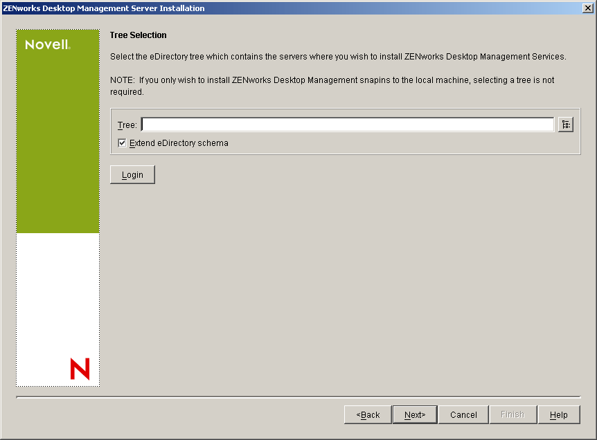 The Tree Selection page of the ZENworks Desktop Management Server Installation wizard.