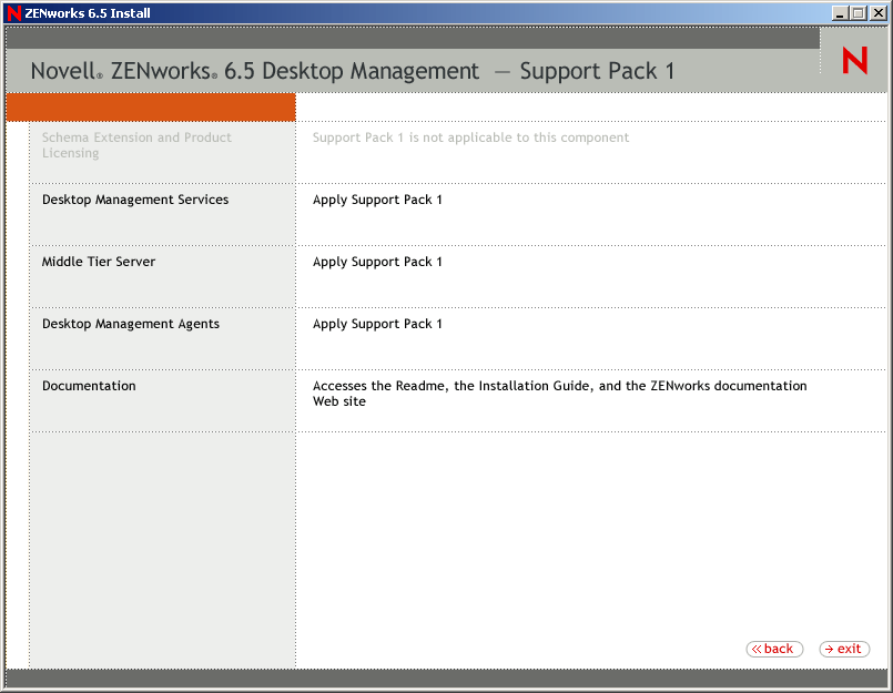 The ZENworks Desktop Management page of the ZENworks Installation Wizard. The page includes options for Schema Extensions and Product Licensing, Desktop Management Services, Middle Tier Server, Desktop Management Agents, and Documentation.