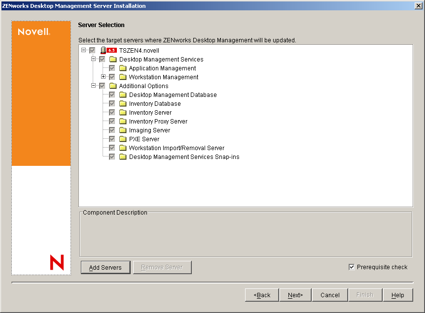 The Server Selection page of the ZENworks Desktop Management Services Installation Wizard. The available Desktop Management components are listed as installation options.