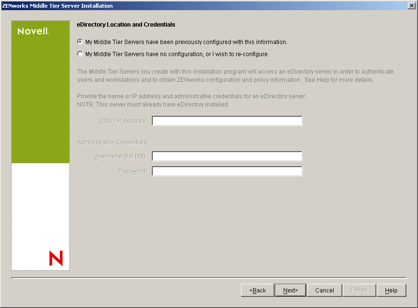 The Primary eDirectory Location and Credentials page of the ZENworks Middle Tier Server Installation wizard.