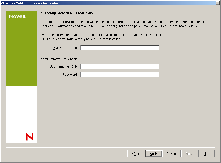 The Primary eDirectory Location and Credentials page of the ZENworks Middle Tier Server Installation wizard.