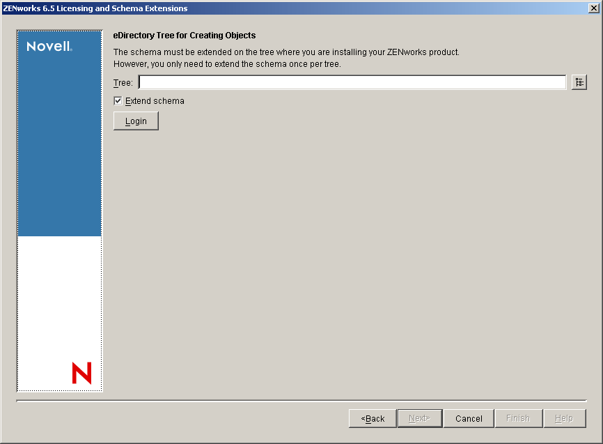 The eDirectory Tree for Creating Objects page of the Schema Extension and Product Licensing wizard.