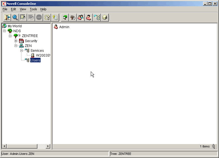 ConsoleOne is open showing the ZENTREE object, the Admin User object, and the server object.