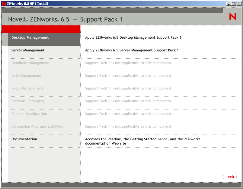 The opening page of the ZENworks installation program, showing the general installation options.