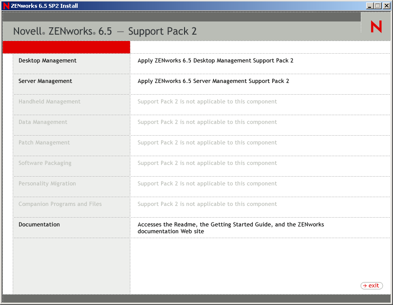 The opening page of the ZENworks installation program, showing the general installation options.