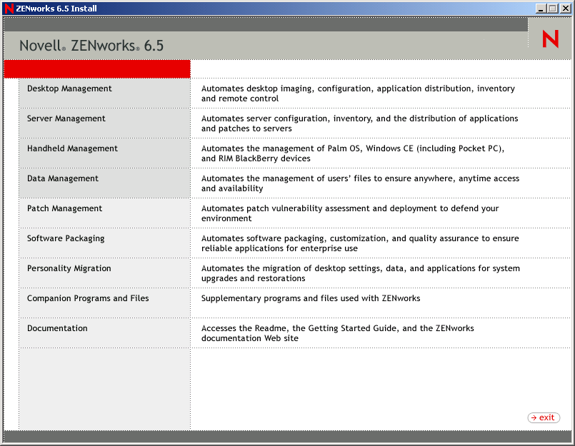 Screen shot of the opening page of the ZENworks installation program, showing the general installation options.