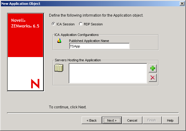 New Application Object > ICA/RDP Session dialog box