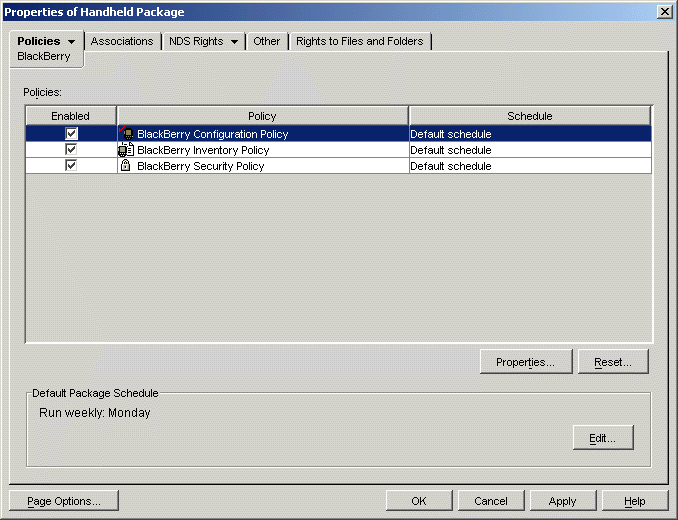 Property page Handheld Package in which the BlackBerry Configuration Policy is selected