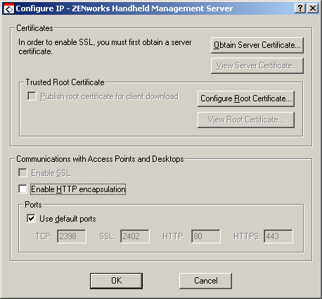 Configure IP - ZENworks Handheld Management Server dialog box