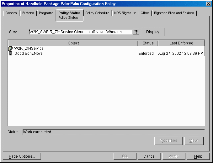 Properties of Handheld Package dialog box with the Policy Status page displayed