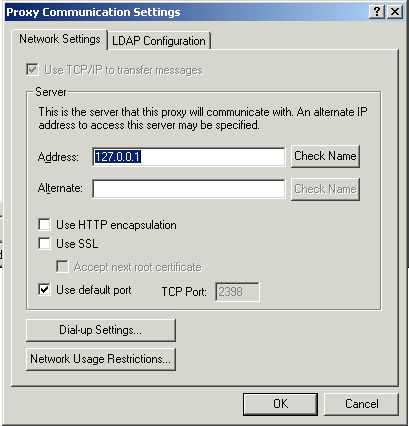 Proxy Server Communications Settings dialog box