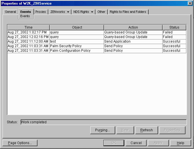 ZENworks Handheld Management service object's properties with the Events page displayed