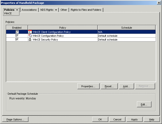 Windows CE Configuration policy selection page