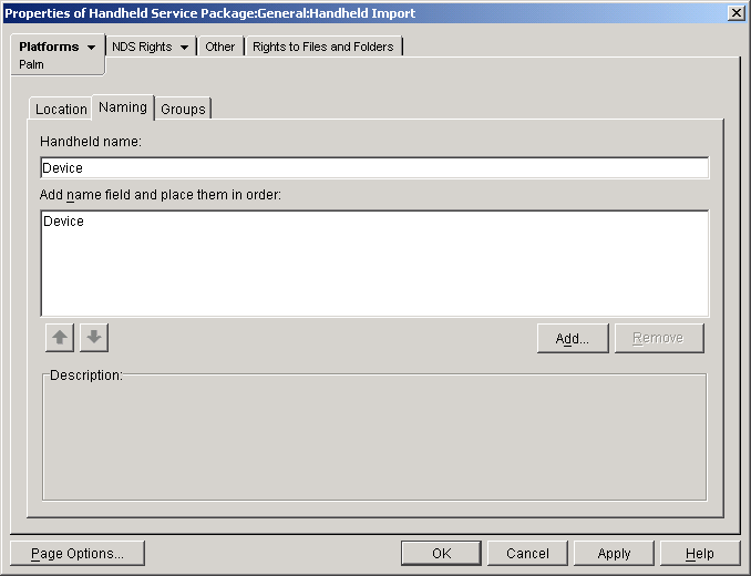 Properties of Handheld Service dialog box with the Naming page displayed