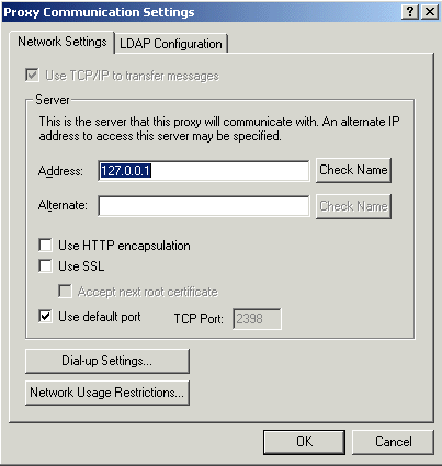 Proxy Server Communications Settings dialog box