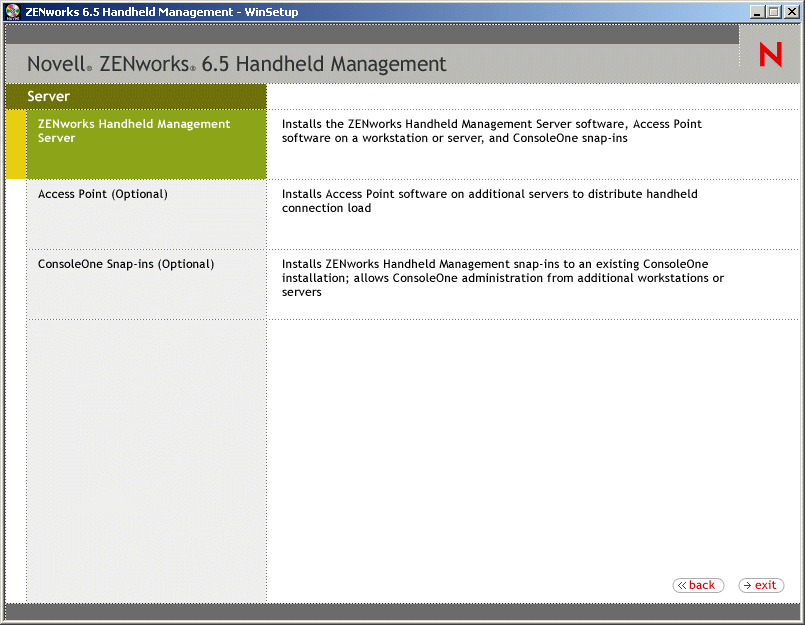 ZENworks Handheld Management Server Installation page