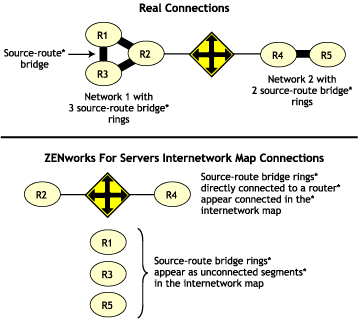The source route bridge rings connection with the router in the real and Novell ZENworks Server Management internetwork map connections