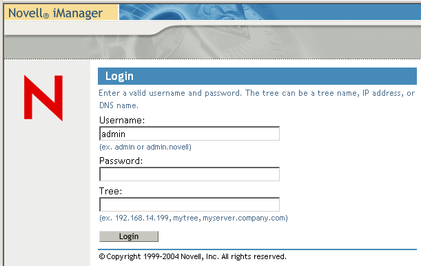 Novell iManager login page