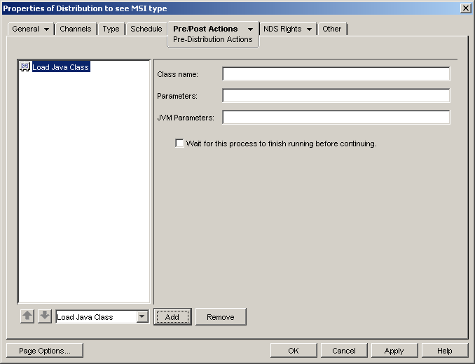 Pre-Post Actions > Pre-Distribution Actions properties page showing Load Java Class option with the Class Name, Parameters, and JVM Parameters fields and a check box to wait for the process to finish before continuing.