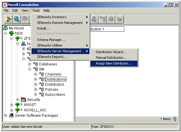 In ConsoleOne, the File menu option with the Assign New Distributor option selected.