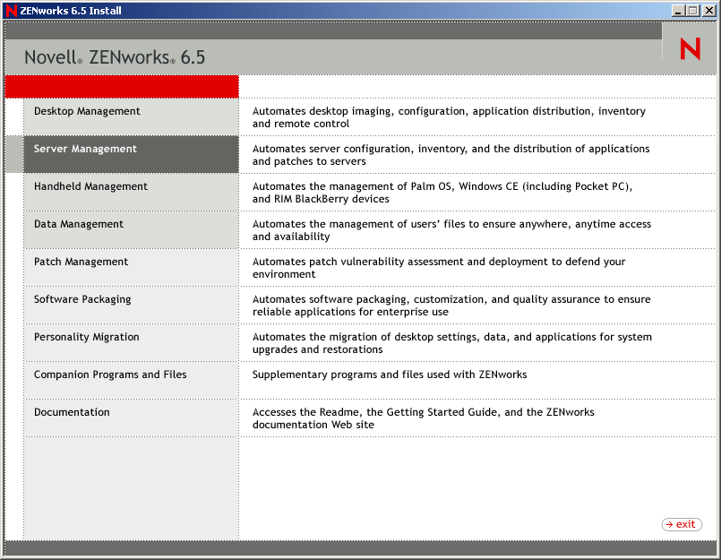 Server Management option on the main installation menu