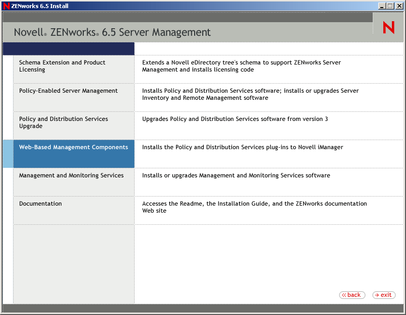 Web-Based Management Components option on the installation menu