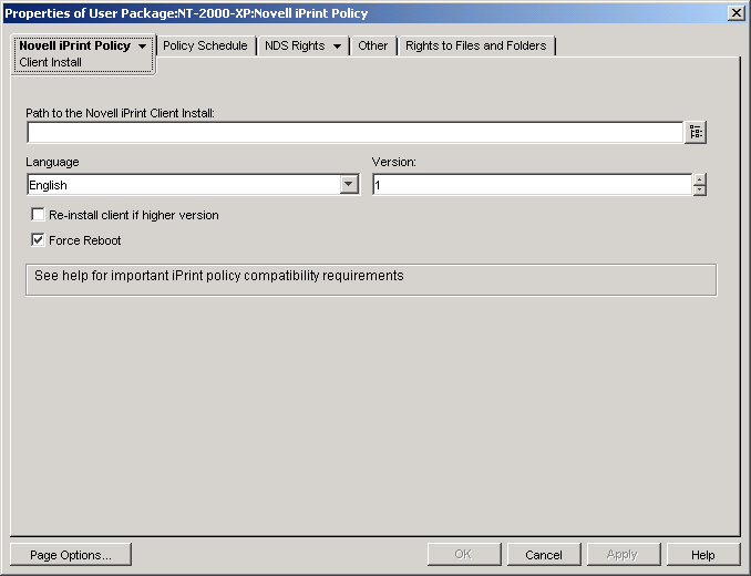 Screen shot of the Novell iPrint policy's Client Install page.