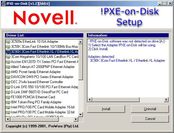 The PXE-on-Disk setup window with the Disk Driver and Information lists open.