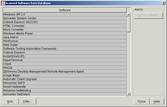 Scanned Software from Database dialog box