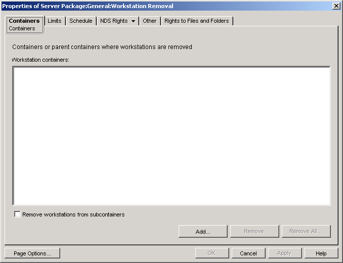 The Workstation Removal policy's Containers page.