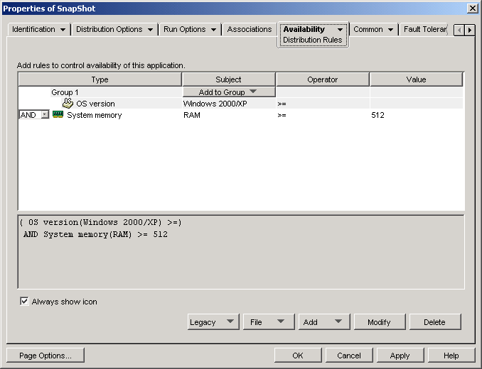 Application object Distribution Rules page